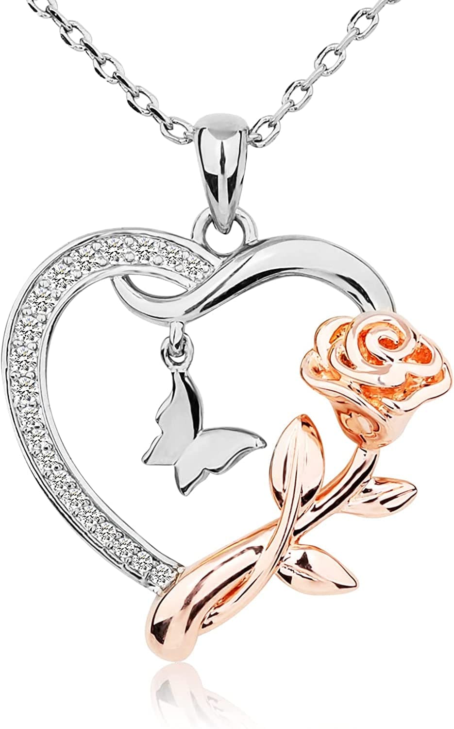 Heart Shaped Butterfly Rose Pendant Necklace 925 Sterling Silver, Ladies Heart Necklace 14K Gold Plated, Birthday Jewelry Gift for Girls Silver