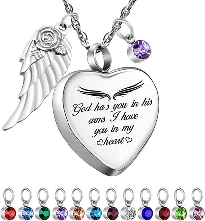 Heart Urn Necklace for Ashes Cremation Jewelry for Ashes with 12 Birthstones Ashes Necklace with Angel Wing Charm -God Has You in His Arms, I Have You in My Heart God has you
