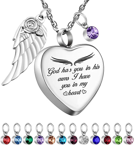 Heart Urn Necklace for Ashes Cremation Jewelry for Ashes with 12 Birthstones Ashes Necklace with Angel Wing Charm -God Has You in His Arms, I Have You in My Heart God has you