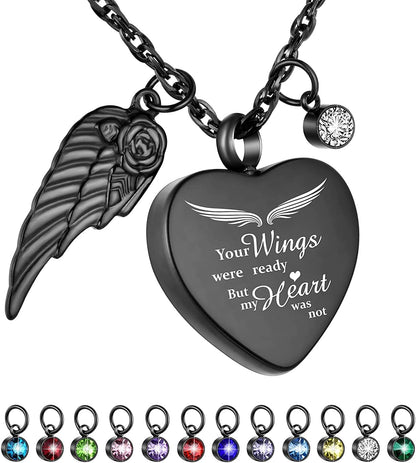 Heart Urn Necklace for Ashes with 12 Birthstones Cremation Jewelry for Ashes -Your Wings Were Ready My Heart Was Not Black