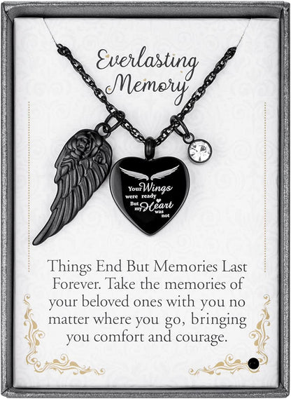 Heart Urn Necklace for Ashes with 12 Birthstones Cremation Jewelry for Ashes -Your Wings Were Ready My Heart Was Not Black-Box