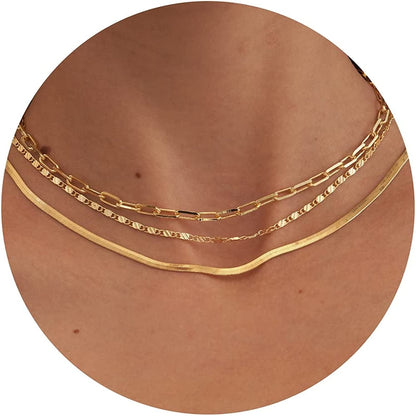 Herringbone Necklace for Women Dainty 14K Gold Snake Chain Necklace Layered Gold Herringbone Double Flat Snake Chain Choker Necklace Thin Chunky Chain Necklace Gift for Her gold necklace set