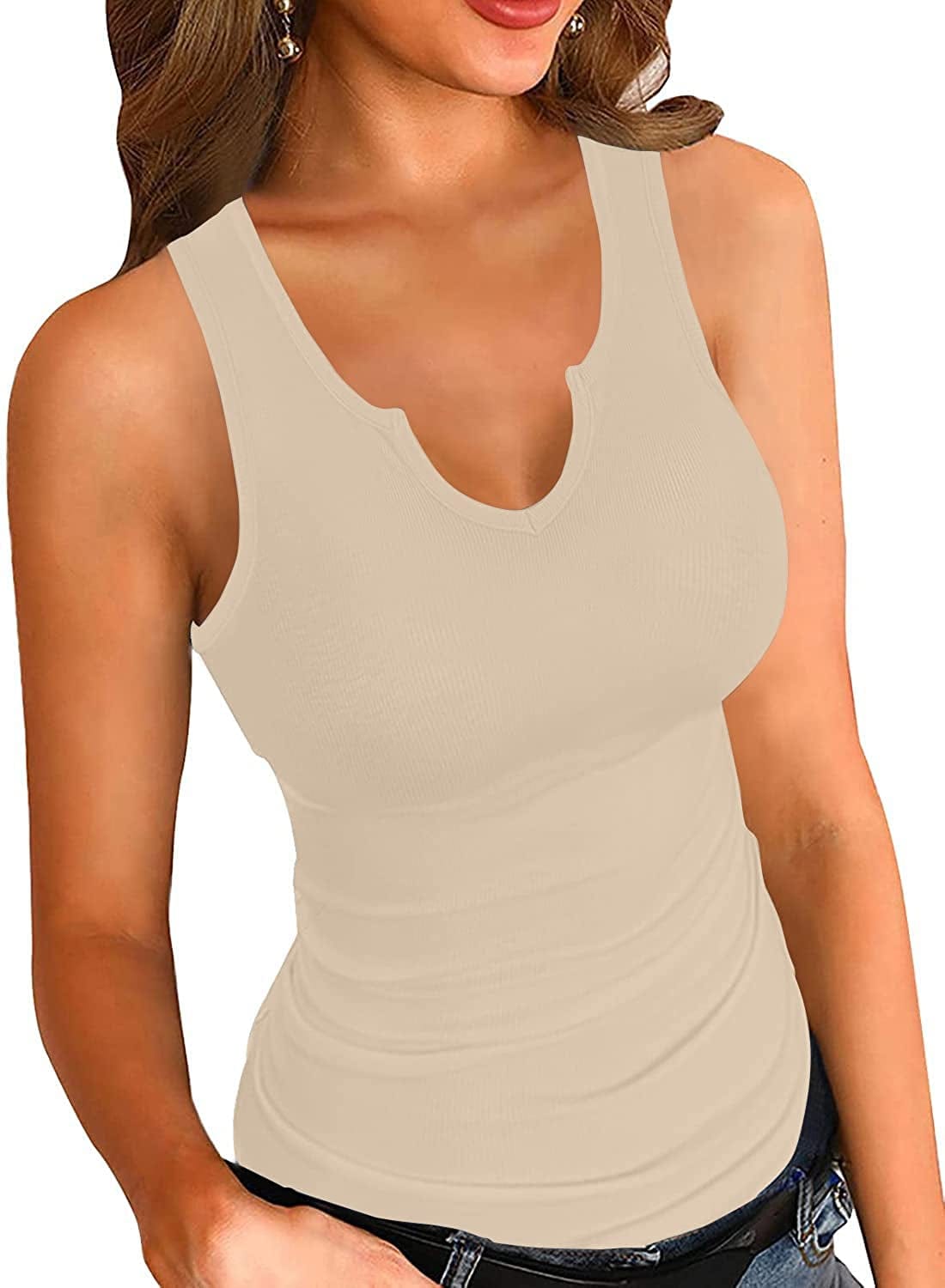Heydonic Tank Tops for Women Basic Sleeveless Shirts Ribbed Slim Fitted Workout Summer Blouse Sporty Sexy Top Cami A-"beige" / Large