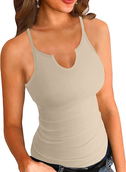 Heydonic Tank Tops for Women Basic Sleeveless Shirts Ribbed Slim Fitted Workout Summer Blouse Sporty Sexy Top Cami C-"beige Strappy" / Medium