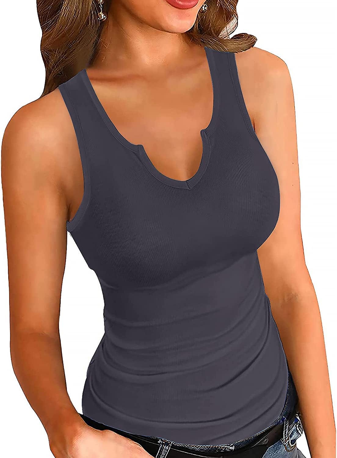Heydonic Tank Tops for Women Basic Sleeveless Shirts Ribbed Slim Fitted Workout Summer Blouse Sporty Sexy Top Cami A-"storm Gray" / Medium