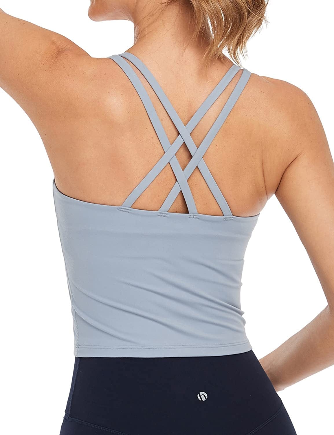 Heynuts Longline Zeal Bras Medium Impact Wirefree Sports Bras Workout Tank Tops with Removable Pads, A-D Cups Denim Blue / Small