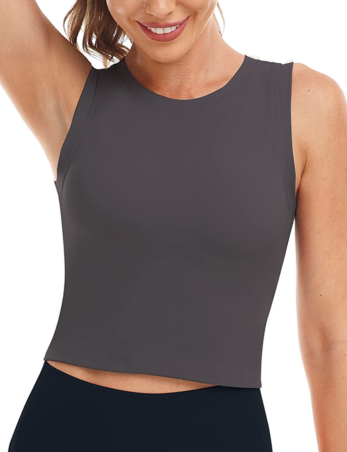 Heynuts Wherever Crop Top for Women Workout Wirefree Padded Sports Bras High Neck Longline Tank Bras, A-D Cups Graphite Grey / X-Small