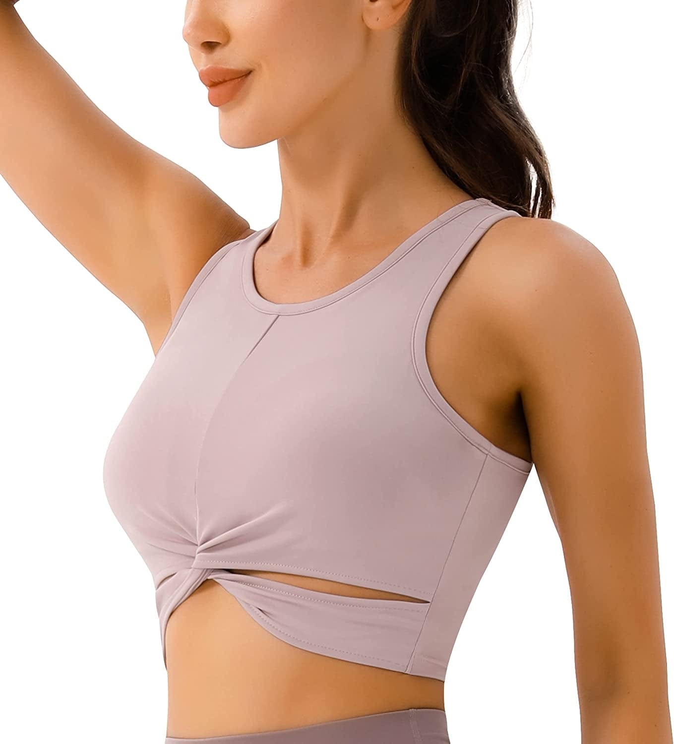 High Neck Workout Crop Tops for Women Front Criss-Cross Medium Support Sports Bra with Removable Cups Pink / Small