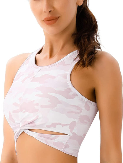 High Neck Workout Crop Tops for Women Front Criss-Cross Medium Support Sports Bra with Removable Cups Pink Camo / X-Small
