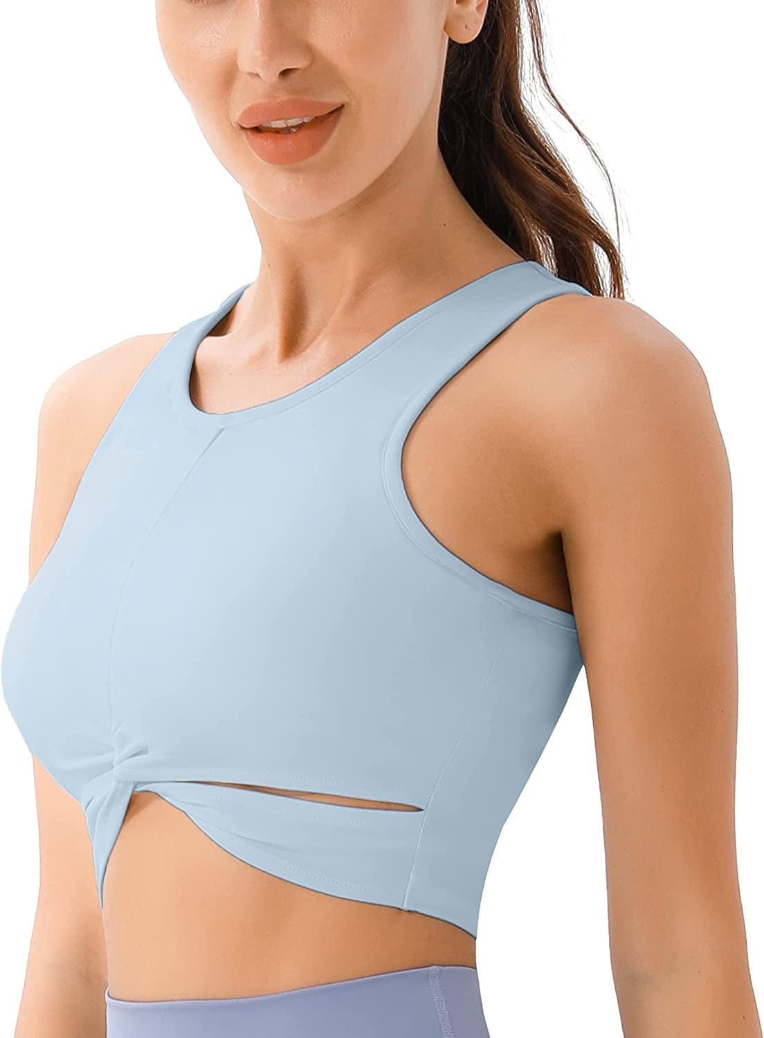 High Neck Workout Crop Tops for Women Front Criss-Cross Medium Support Sports Bra with Removable Cups Chambray / X-Large