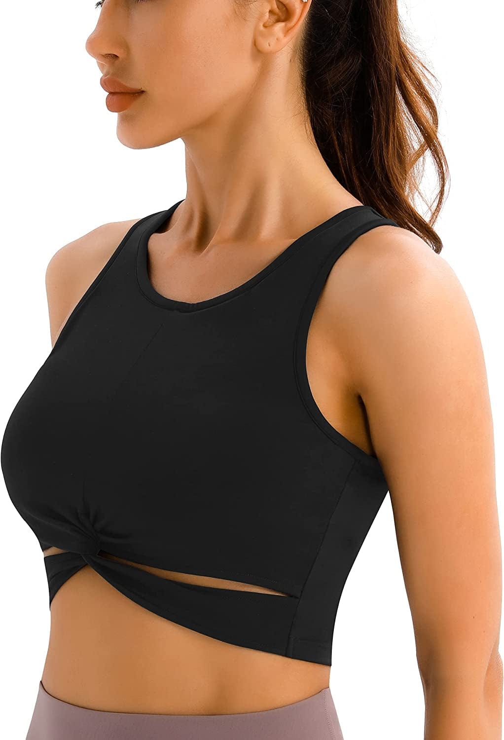 High Neck Workout Crop Tops for Women Front Criss-Cross Medium Support Sports Bra with Removable Cups Black / Large