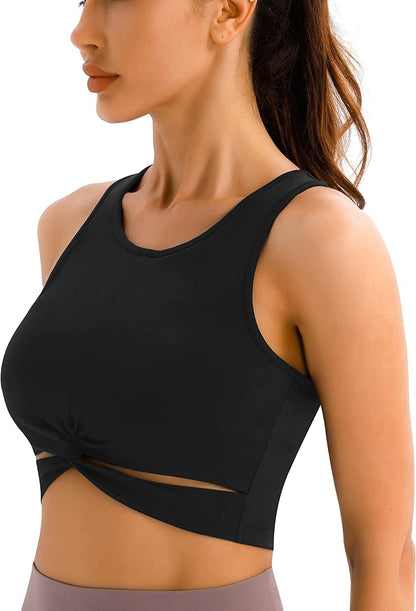 High Neck Workout Crop Tops for Women Front Criss-Cross Medium Support Sports Bra with Removable Cups Black / Large