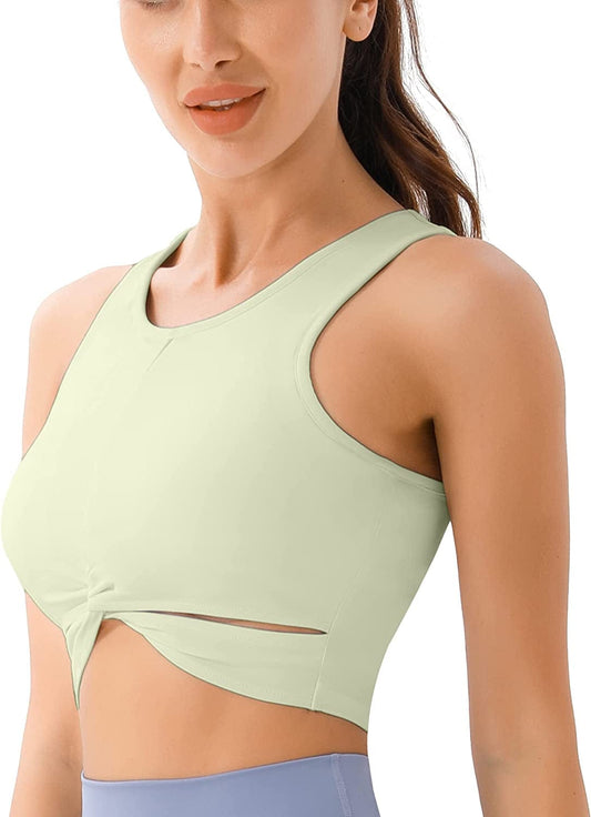 High Neck Workout Crop Tops for Women Front Criss-Cross Medium Support Sports Bra with Removable Cups Pale Green / X-Small