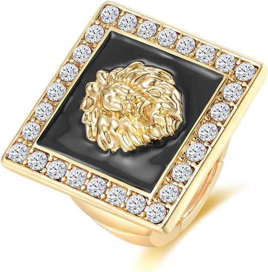 Hip Hop Adjustable Band Gold Statement Lion Head Ring Women'S Engagement Sparkly Crystal Cocktail Club Party Costume Jewelry Black