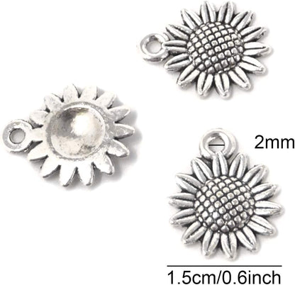 Honbay 50PCS Vintage Alloy Sunflower Charms Pendant for Jewelry Making or DIY Crafts (Silver)