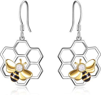 Honeycomb with Bee Stud Earrings 925 Sterling Silver Beehive and Bee Earrings for Women (Bee Earrings) A-Bee earrings