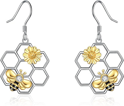 Honeycomb with Bee Stud Earrings 925 Sterling Silver Beehive and Bee Earrings for Women (Bee Earrings) B-Bee earrings