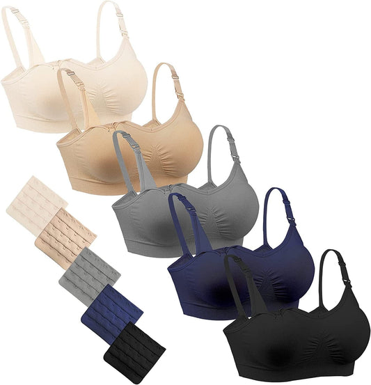 Honyoyo 5Pack Nursing Breastfeeding Bra Wireless Full Bust Maternity Bralette Bras with Extenders 5pack(black+beige+blue+pink+grey) / Small