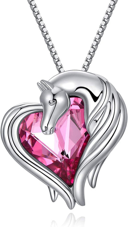 Horse Necklace Sterling Silver Horse in Heart Pendant Necklace Animal Horse Jewelry Gift for Women Teen Girls Horse Lovers, Embellished with Crystals from Austria Horse-Pink
