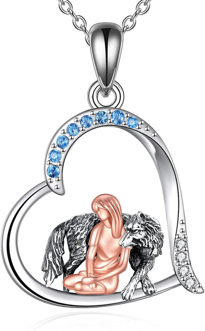 Horse Necklace, Wolf and Girl Necklace, Panda and Horse Necklace, Dragon and Unicorn Necklace, Sterling Silver Love Heart Birthday Christmas Jewelry Gifts for Women Teen Girls Silver wolf guard gilr necklace