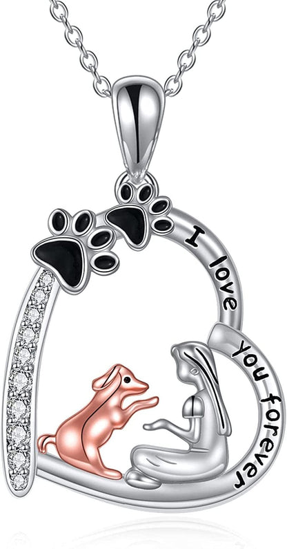 Horse Necklace, Wolf and Girl Necklace, Panda and Horse Necklace, Dragon and Unicorn Necklace, Sterling Silver Love Heart Birthday Christmas Jewelry Gifts for Women Teen Girls Silver dog and girl necklace
