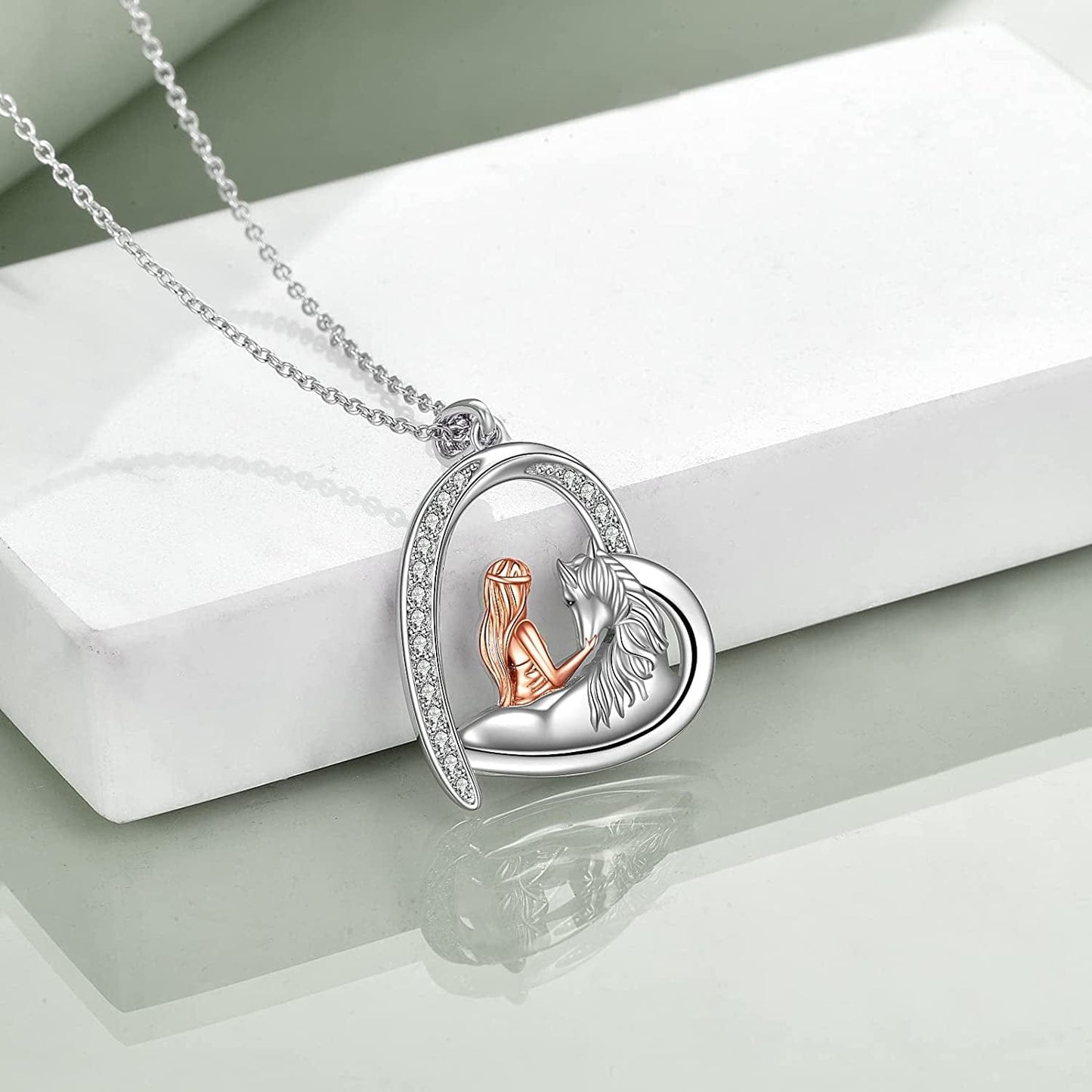 Horse Necklace, Wolf and Girl Necklace, Panda and Horse Necklace, Dragon and Unicorn Necklace, Sterling Silver Love Heart Birthday Christmas Jewelry Gifts for Women Teen Girls
