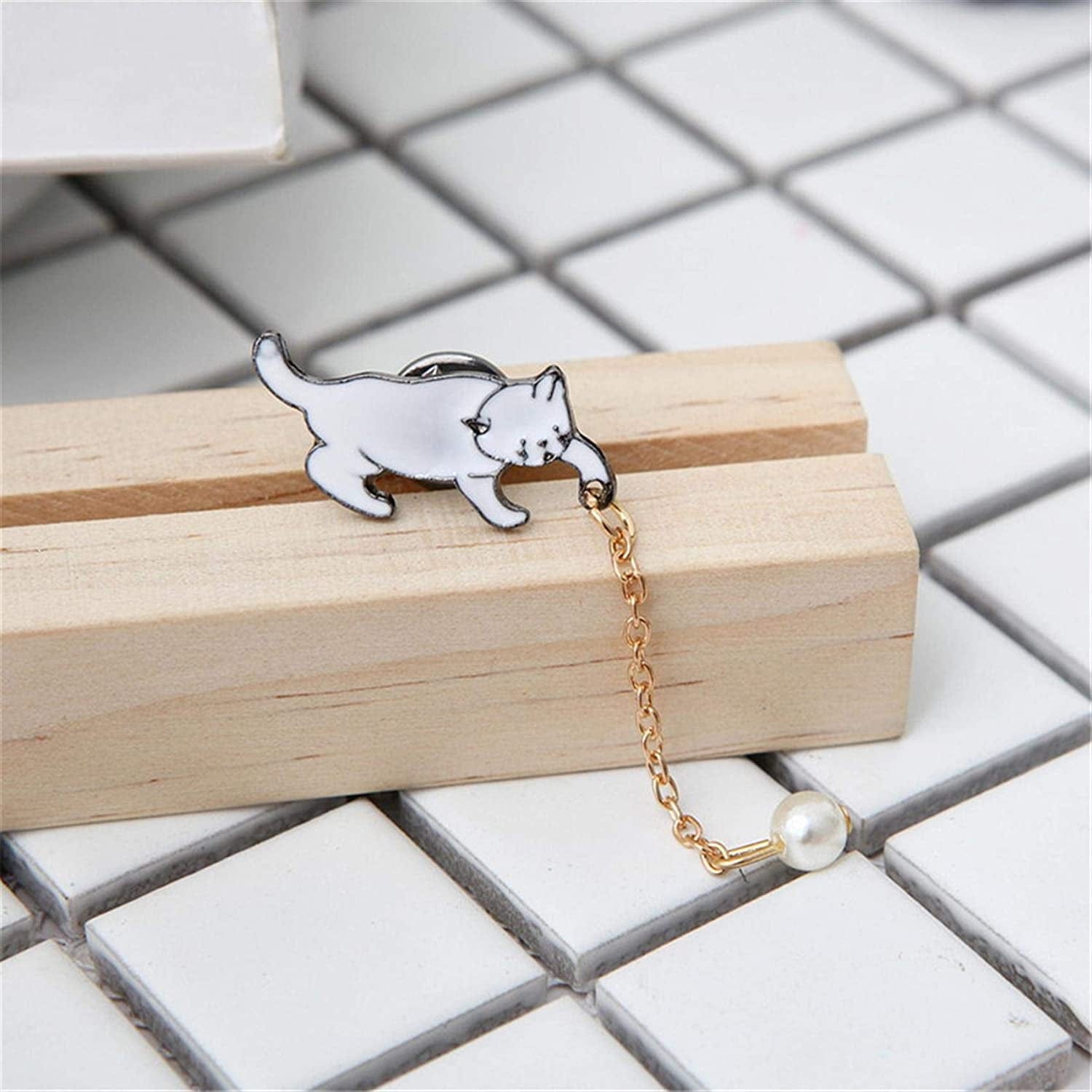 Hsakess Cat Long Chain Tassel Brooch Animal Enamel Lapel Pin Imitation Pearl Tassel Badge Collar Brooch for Bag Decor, White
