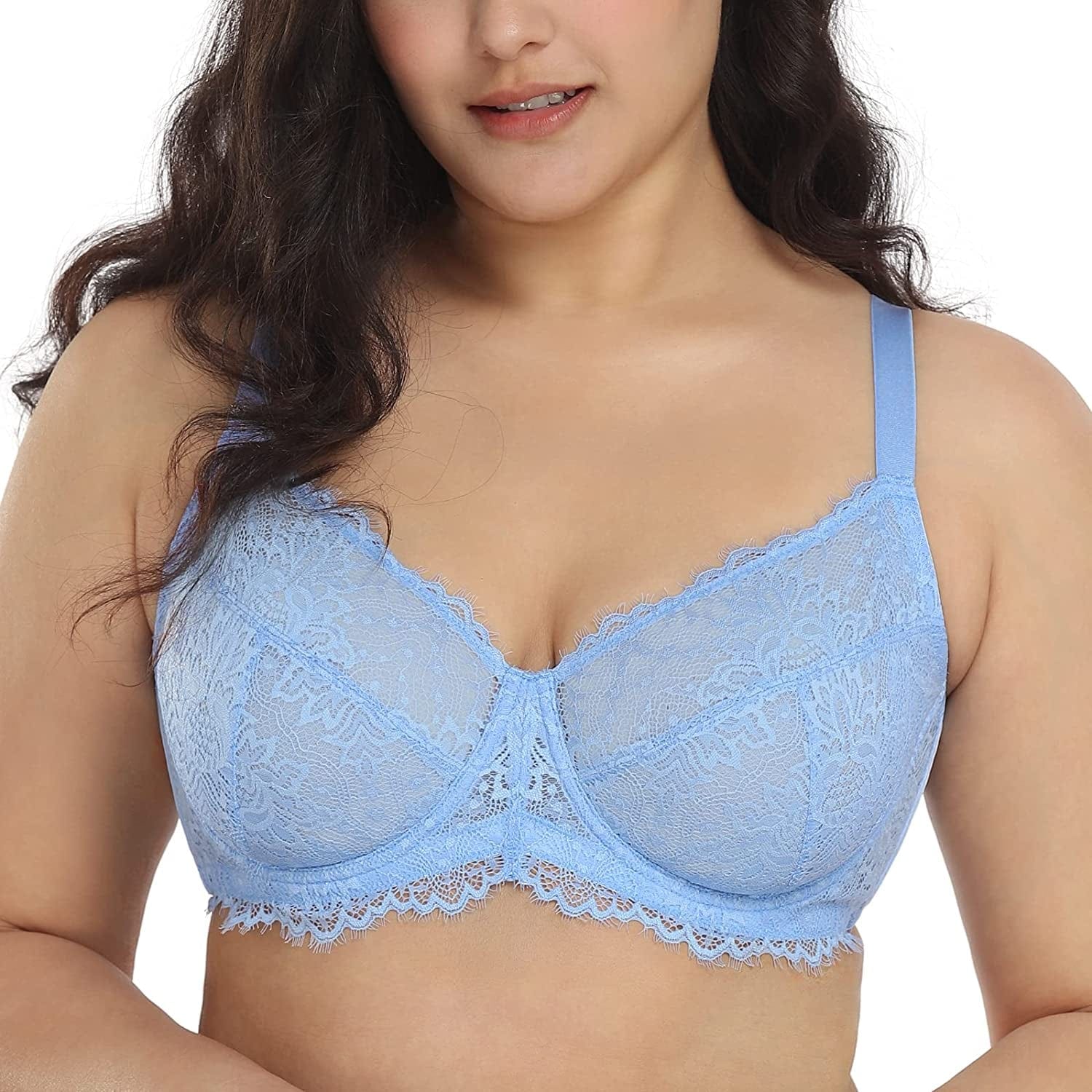 HSIA Women Minimizer Unlined Underwire Bra Full Coverage plus Size Full Figure Unpadded Bras Eyelash Lace Bras Sky Blue / 34DDD