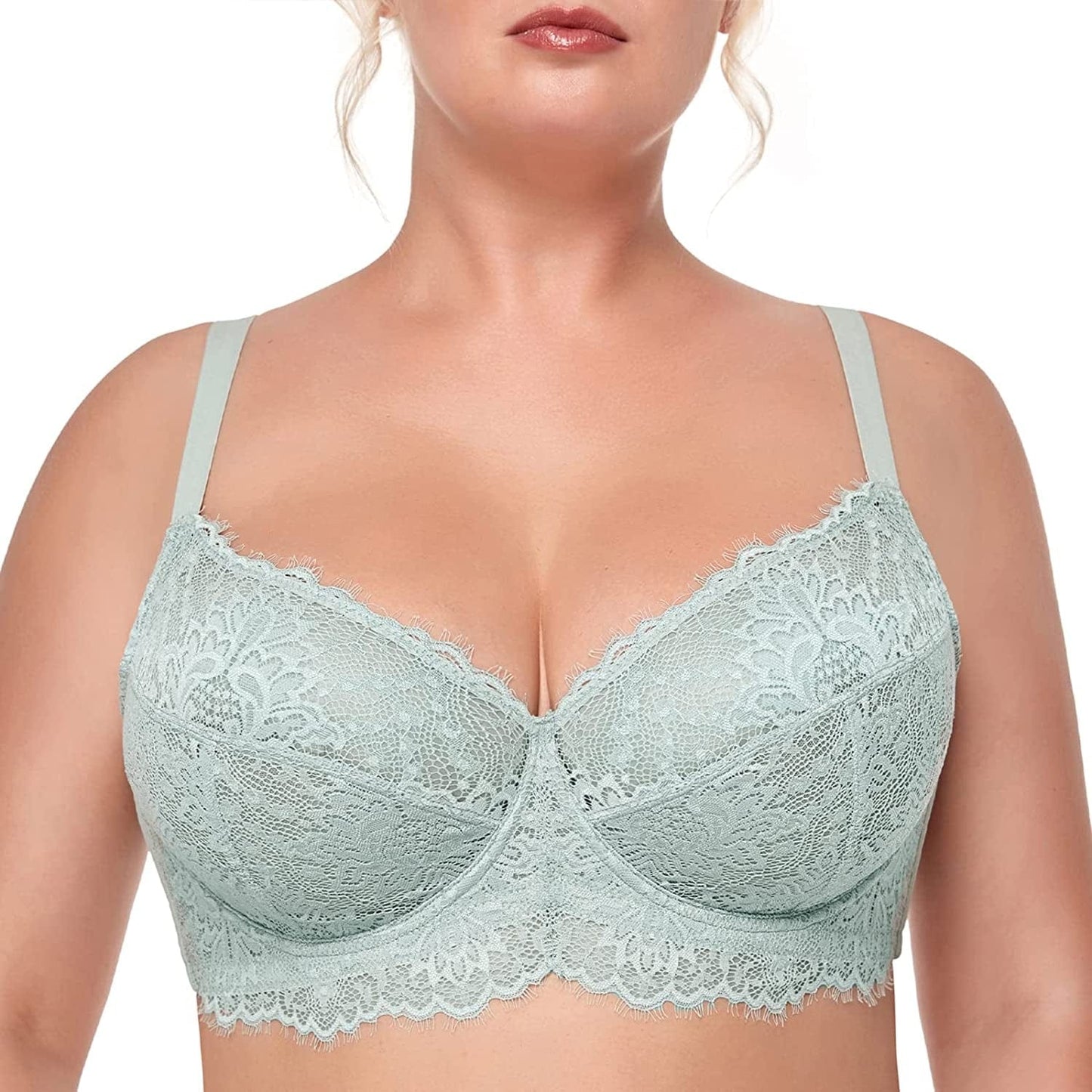 HSIA Women Minimizer Unlined Underwire Bra Full Coverage plus Size Full Figure Unpadded Bras Eyelash Lace Bras Jadeite / 36C