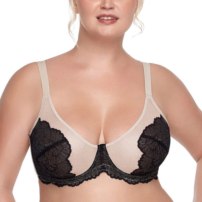 HSIA Women'S Minimizer Bra Unlined Underwire Full Figure Lace Bra plus Size Full Coverage Unpadded Bra Black Contrast Apricot / 40DDD