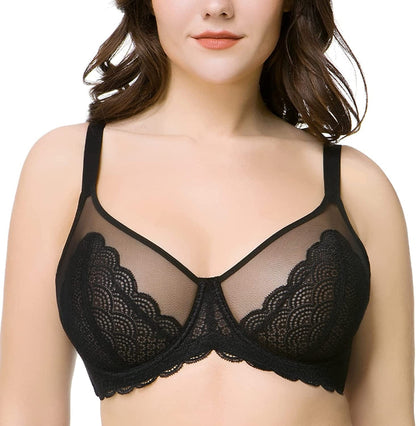HSIA Women'S Underwire Unlined Bra Minimizers Non-Padded Bra Full Coverage Lace Mesh Sexy Sheer plus Size Bra Black / 40DDD