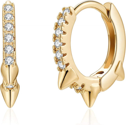 Huggie Hoop Earrings for Women, S925 Sterling Silver Post 14K Gold Plated Evil Eye Star Butterfly Spike Cross Hoop Dangle Small Hoop Huggie Earrings Minimalist Hypoallergenic Jewelry Gifts for Women Spike CZ