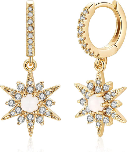 Huggie Hoop Earrings for Women, S925 Sterling Silver Post 14K Gold Plated Evil Eye Star Butterfly Spike Cross Hoop Dangle Small Hoop Huggie Earrings Minimalist Hypoallergenic Jewelry Gifts for Women Starburst CZ