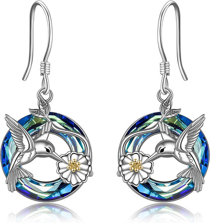 Hummingbird Earrings for Women Sterling Silver Hummingbird Bird Daisy Flower Dangle Drop Earrings with Blue/Volcano Circle Crystal Gifts for Girls blue