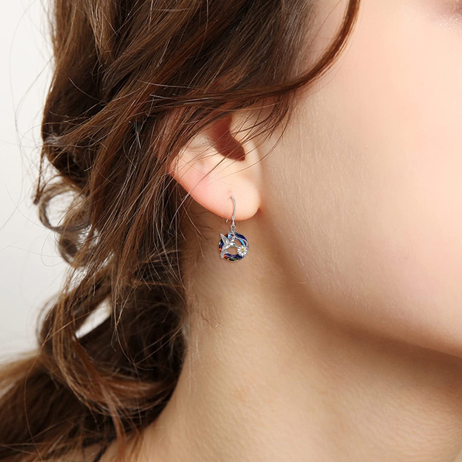 Hummingbird Earrings for Women Sterling Silver Hummingbird Bird Daisy Flower Dangle Drop Earrings with Blue/Volcano Circle Crystal Gifts for Girls
