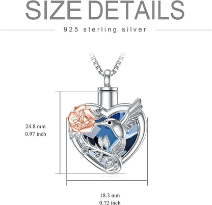 Hummingbird Urn Necklace for Ashes Sterling Silver with Crystal Cremation Jewelry W/Funnel Filler Keepsake Memory Jewelry for Women Girls
