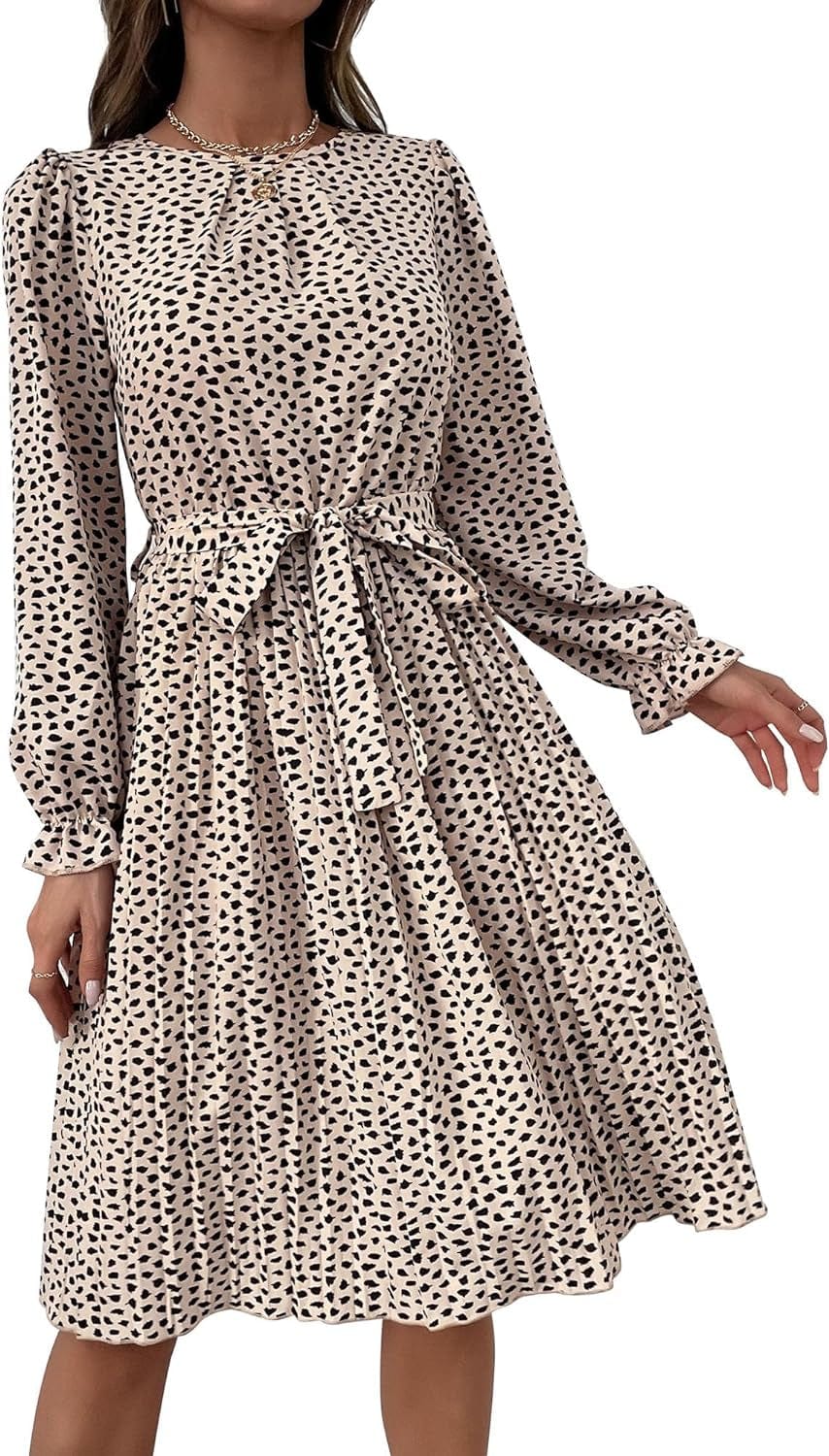 Hunonu Women'S 2023 Fall Winter Crewneck Long Sleeve Leopard Print Pleated Midi Dress with Belt