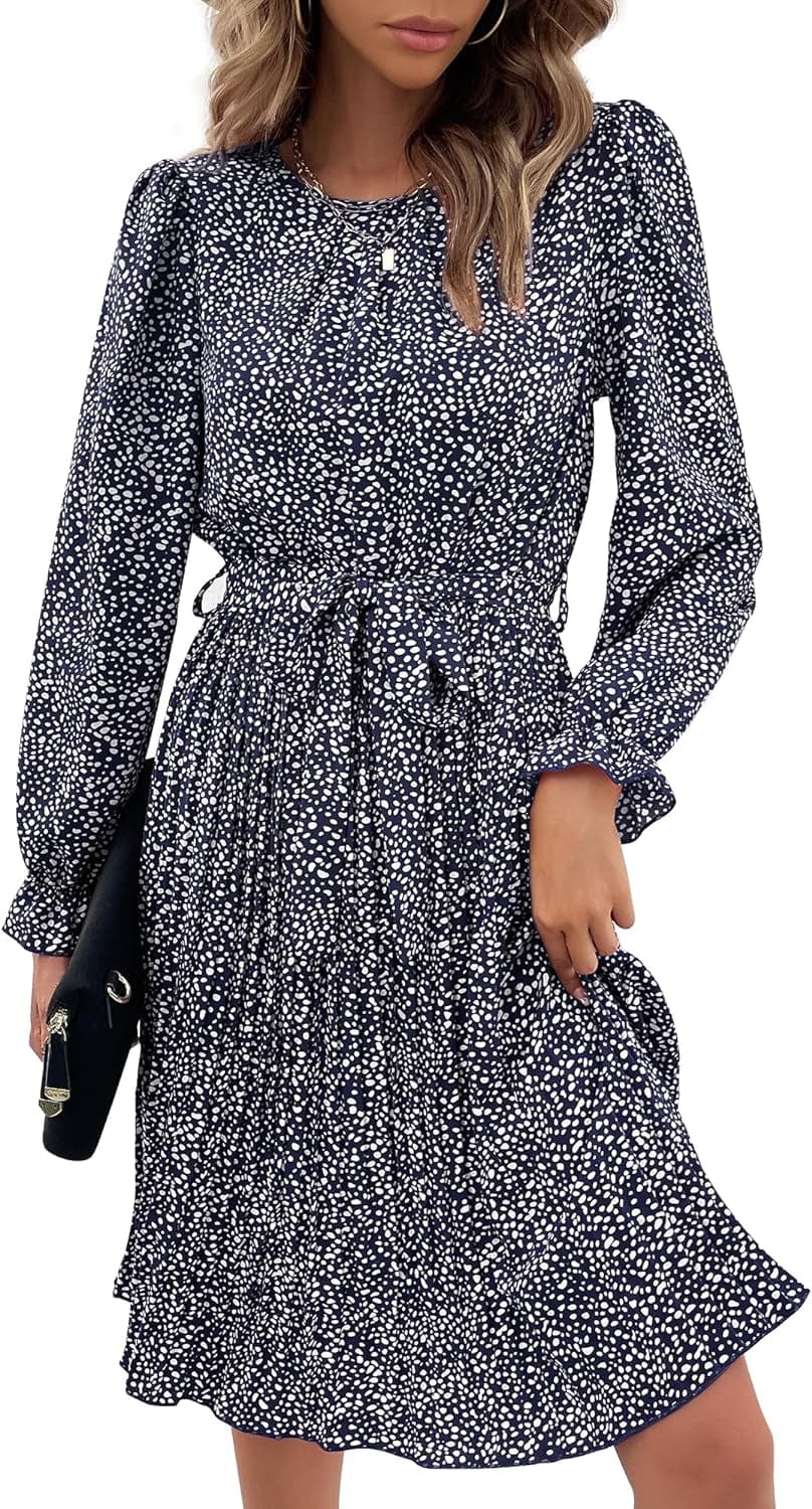 Hunonu Women'S 2023 Fall Winter Crewneck Long Sleeve Leopard Print Pleated Midi Dress with Belt