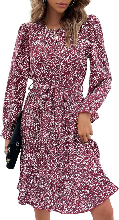 Hunonu Women'S 2023 Fall Winter Crewneck Long Sleeve Leopard Print Pleated Midi Dress with Belt