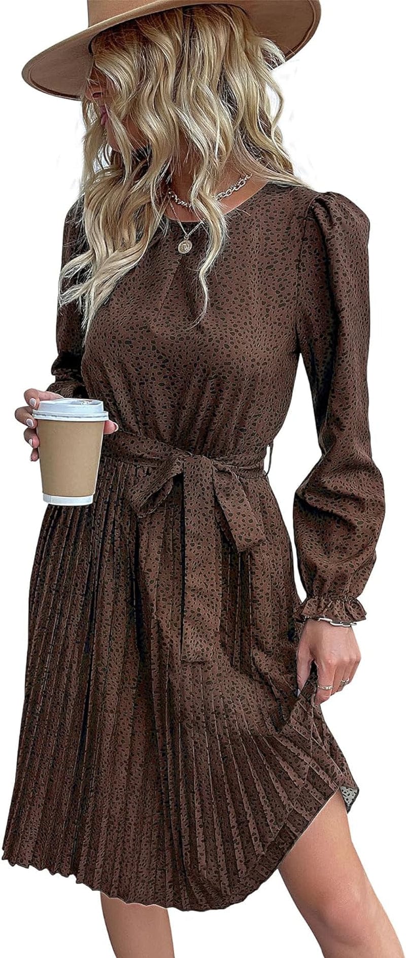 Hunonu Women'S 2023 Fall Winter Crewneck Long Sleeve Leopard Print Pleated Midi Dress with Belt