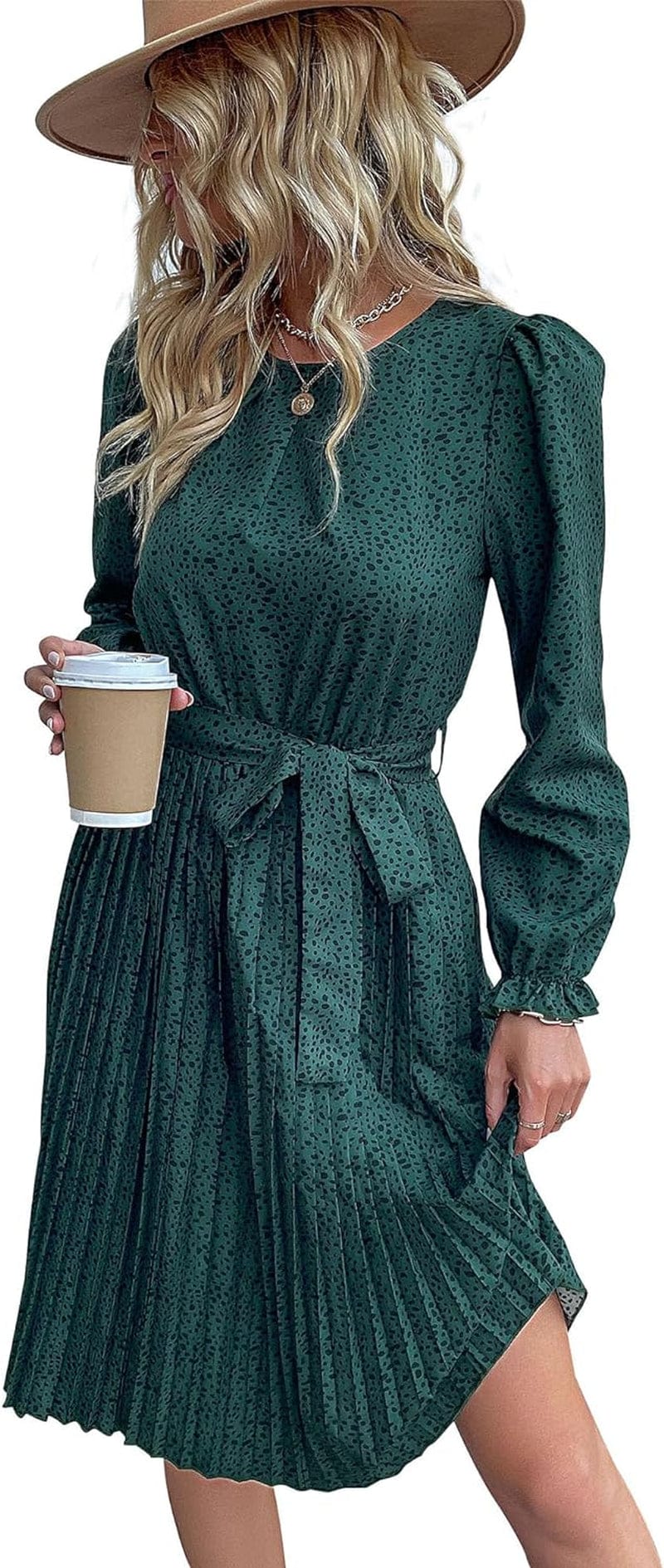 Hunonu Women'S 2023 Fall Winter Crewneck Long Sleeve Leopard Print Pleated Midi Dress with Belt