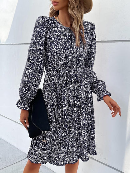 Hunonu Women'S 2023 Fall Winter Crewneck Long Sleeve Leopard Print Pleated Midi Dress with Belt