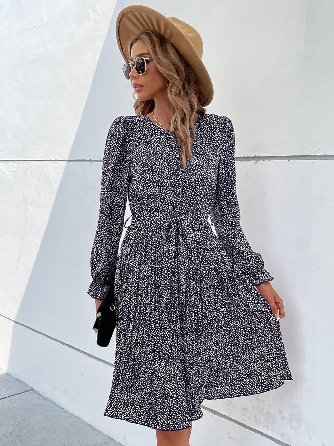 Hunonu Women'S 2023 Fall Winter Crewneck Long Sleeve Leopard Print Pleated Midi Dress with Belt