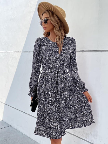 Hunonu Women'S 2023 Fall Winter Crewneck Long Sleeve Leopard Print Pleated Midi Dress with Belt