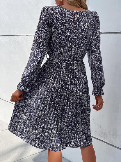 Hunonu Women'S 2023 Fall Winter Crewneck Long Sleeve Leopard Print Pleated Midi Dress with Belt