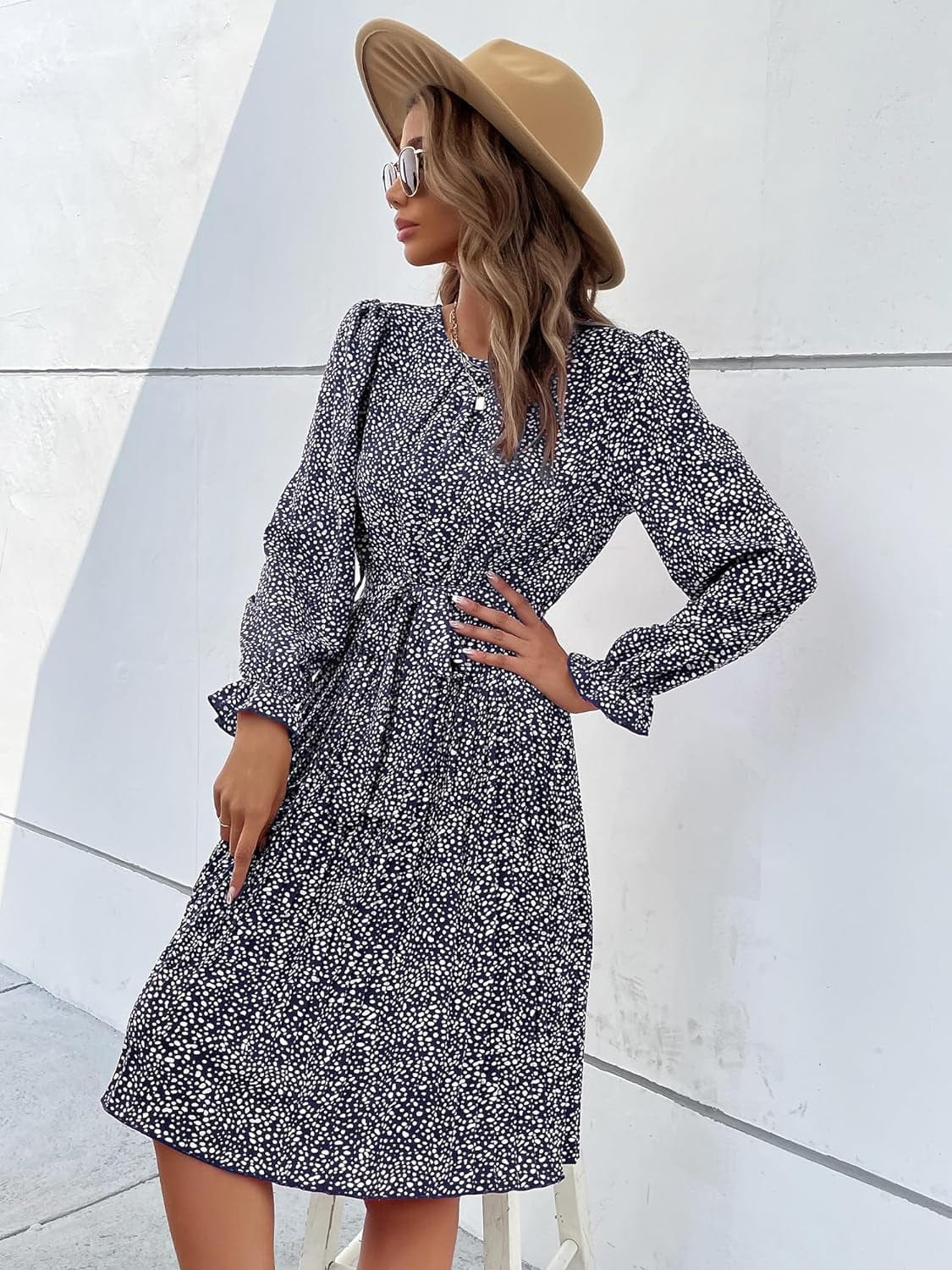 Hunonu Women'S 2023 Fall Winter Crewneck Long Sleeve Leopard Print Pleated Midi Dress with Belt
