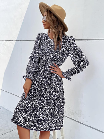 Hunonu Women'S 2023 Fall Winter Crewneck Long Sleeve Leopard Print Pleated Midi Dress with Belt