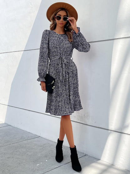 Hunonu Women'S 2023 Fall Winter Crewneck Long Sleeve Leopard Print Pleated Midi Dress with Belt