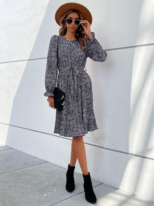 Hunonu Women'S 2023 Fall Winter Crewneck Long Sleeve Leopard Print Pleated Midi Dress with Belt