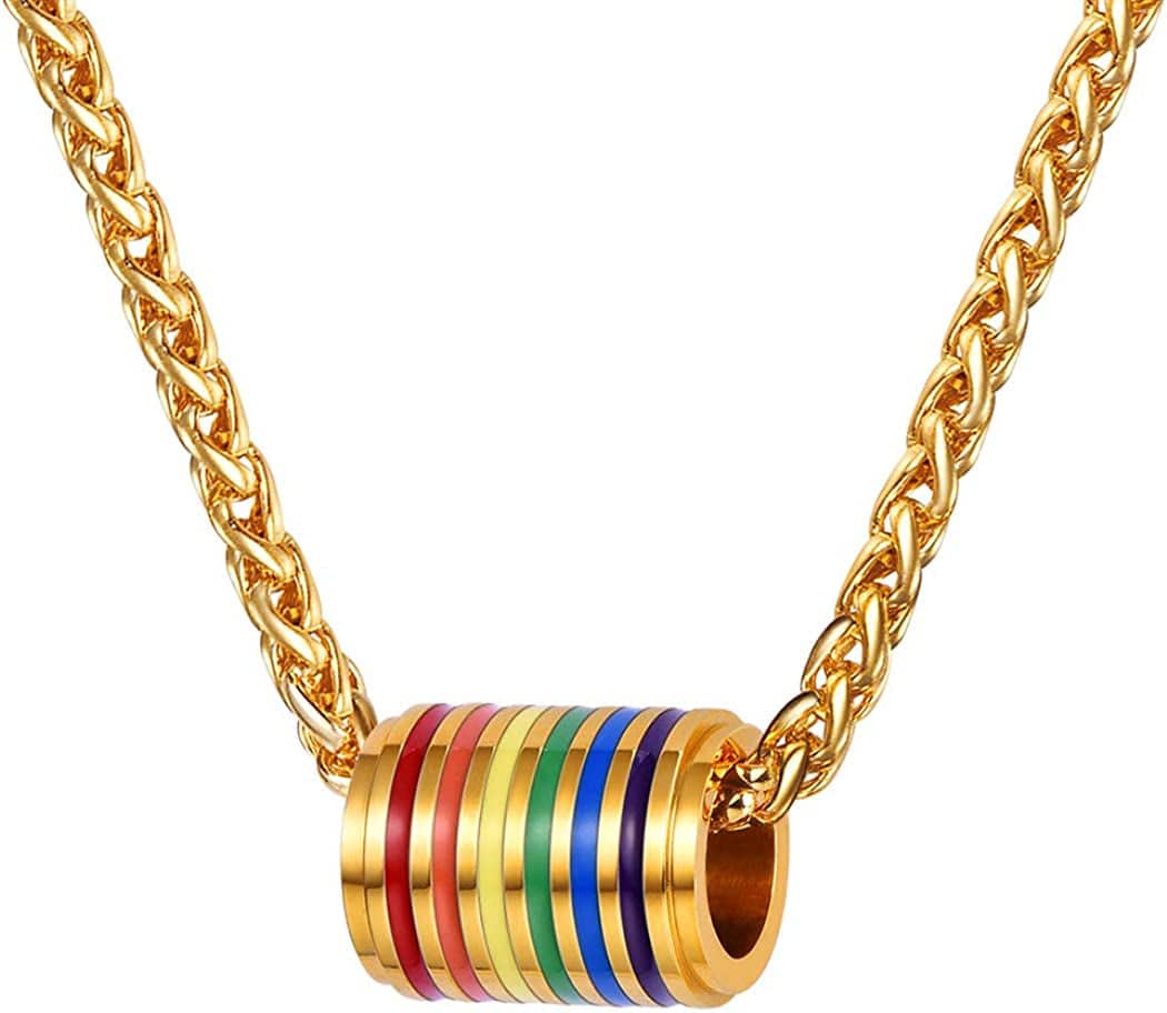 Hypoallergenic 925 Sterling Silver/Stainless Steel LGBT Bar/Dog Tag/Bead Pendant Necklace, Custom Engraved Rainbow Flag Lesbian Gay Pride Jewelry for Men Women with Gift Box d. cylinder-gold plated stainless steel